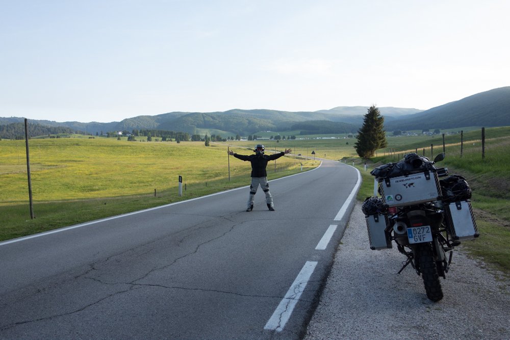 Loaded motorcycle on the open road